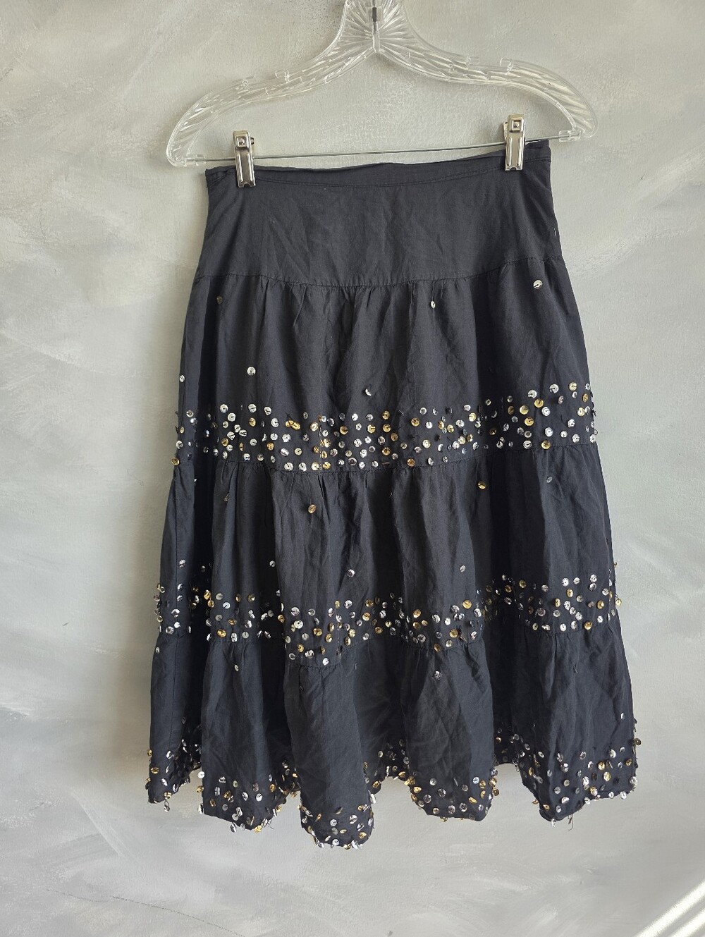 Vtg Boho Miss Cocoa Sequined Tiered Midi Skirt Black Size CH Small Gray Festive